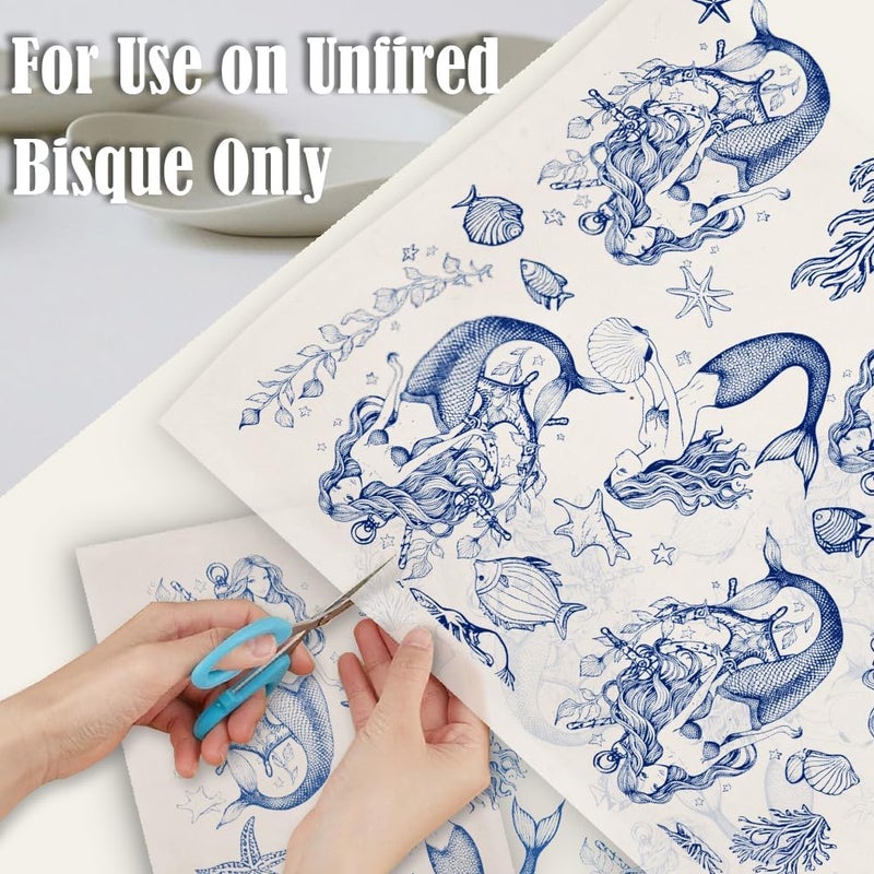 SUPERDANT 5PCS Mermaids Underglaze Paper Transfer Underwater World Transfer Paper for Clay Ceramic Porcelain Under Glaze Transfers for Pottery Blue Enamel Decals Papers Handcrafted Gifts - Image 3